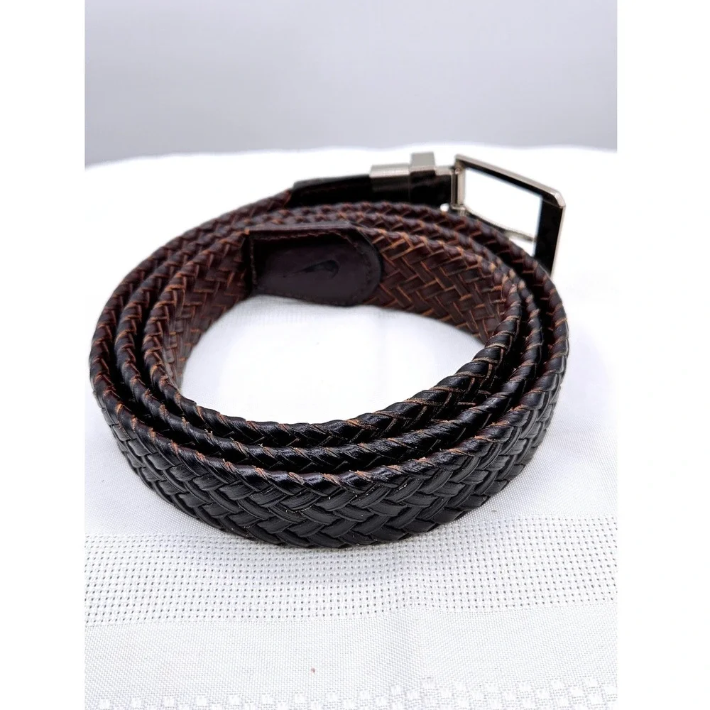 Nike Mens Reversible Braided‎ Leather Belt Brown Black Silver Buckle Swoosh Logo
